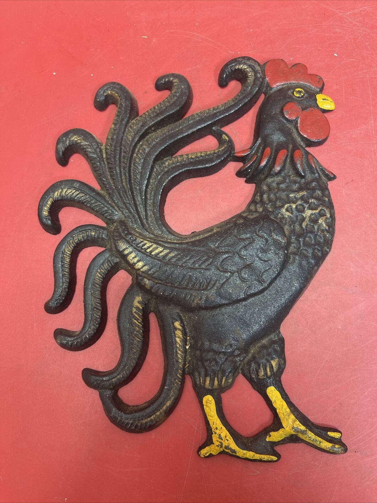 Vintage Wilton Rooster Painted Cast Iron Metal Wall Hanging  ~ Mid Century