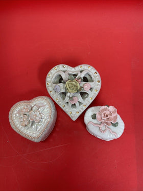 Lot Of (3) Porcelain Floral Jewelry Dishes With Lids