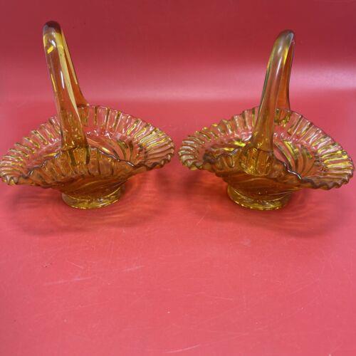 Amber glass basket ruffle edge swirl tiny chip set 2