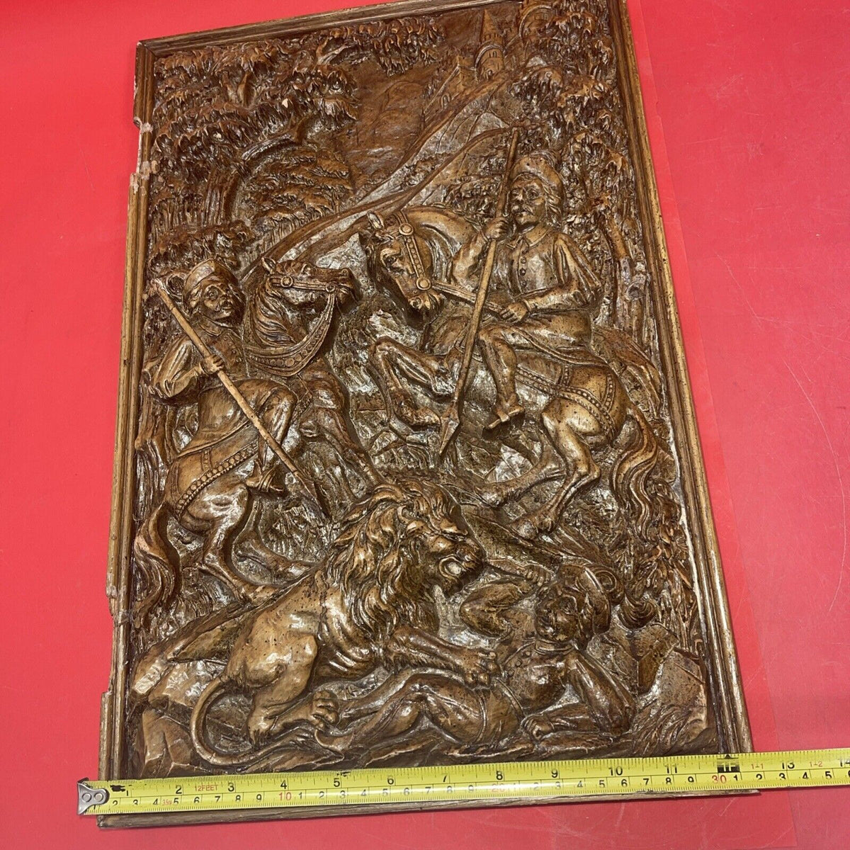 Antique Spanish Walnut Wardrobe Door with Hunting Motif 19”x12”