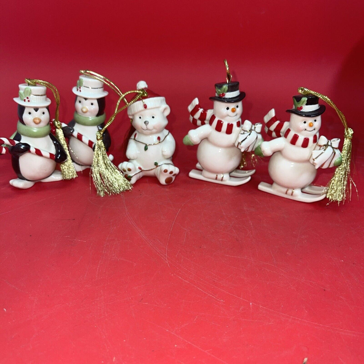 5 Lenox Ornaments Penguin, Snowman Ski, Teddy Bear Very Merry Porcelain