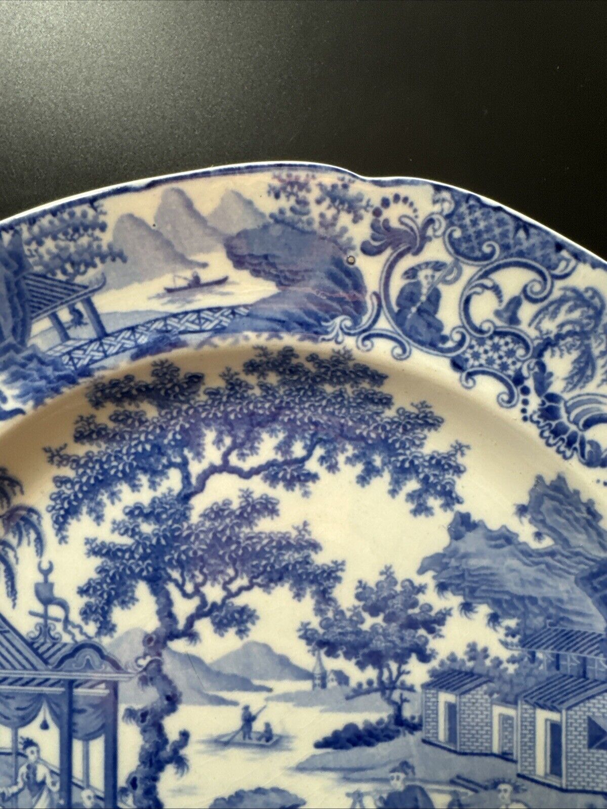 1820s Staffordshire Blue Transferware Plate Chinese Motif Decoration