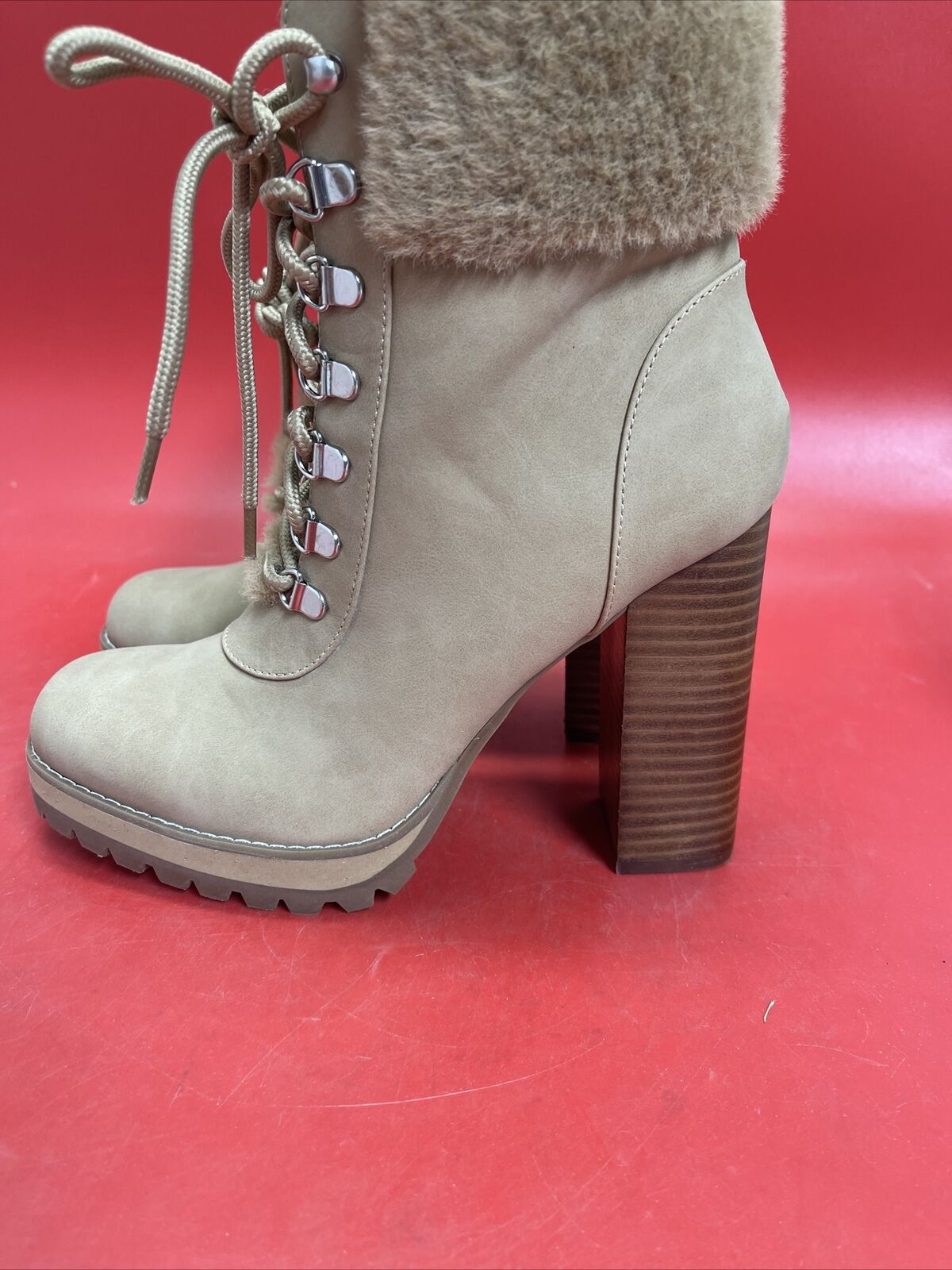 Steve Madden Fur Trimmed Timing High Heel Tan Beige High Heel Boot Bootie S.9.5