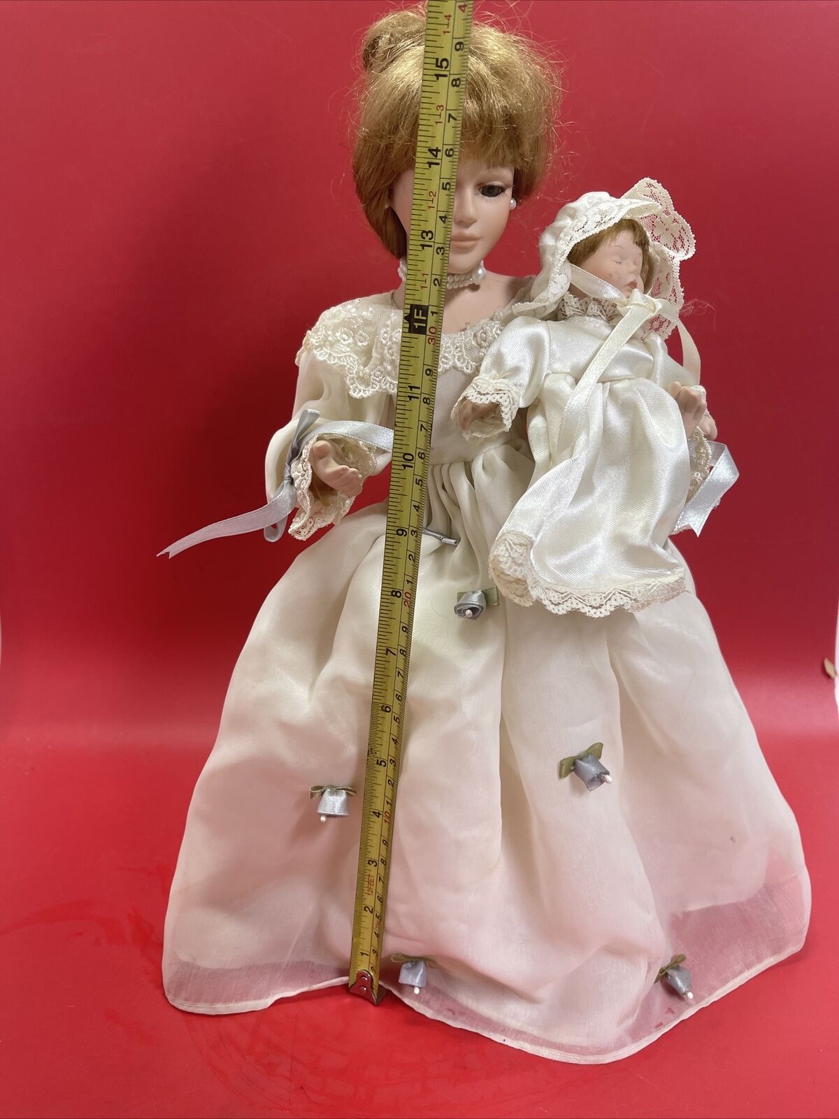 Avon Porcelain Dolls Mother & Child 2000 Margaret 17" White Gown Display Stand