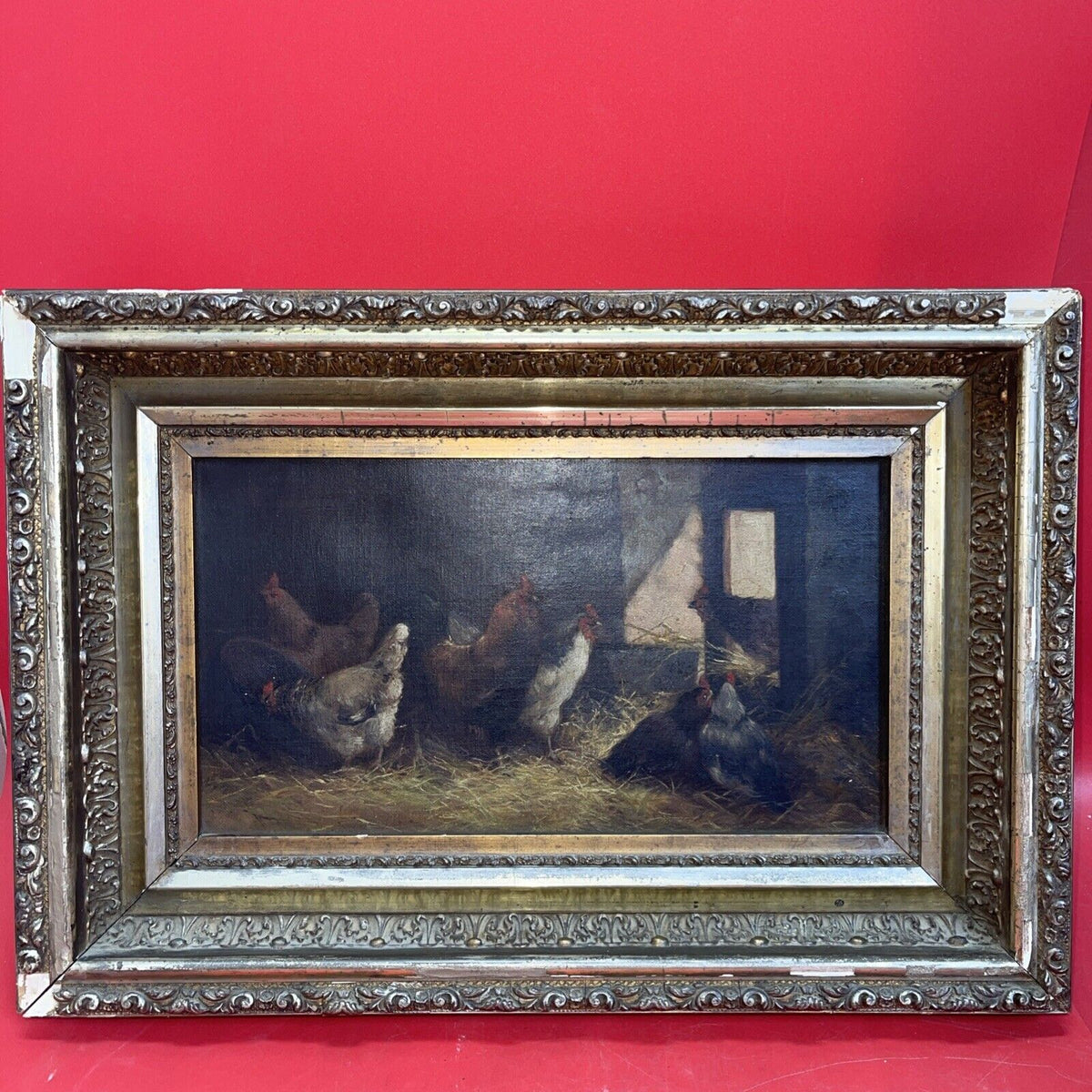 Antique Folk Art Barnyard Oil Painting Chickens  Rooster 1900’s