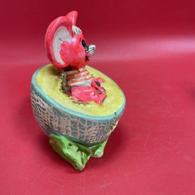Vintage Chalkware Holiday Fair Mouse in Melon Piggy Coin Bank Neon Kitsch 1960s