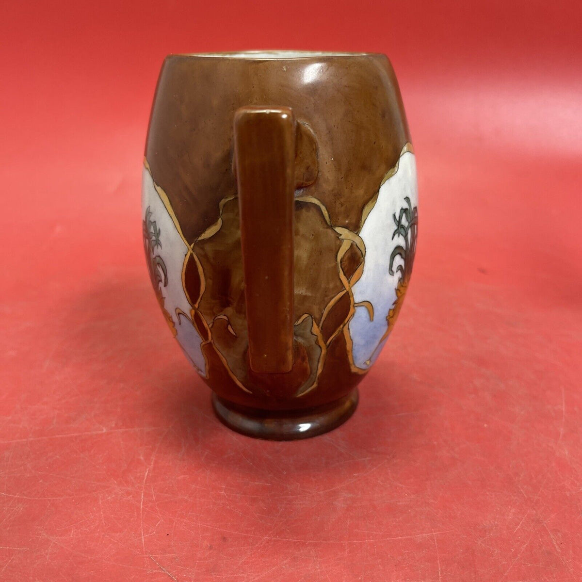 VIENNA AUSTRIA Factory of Count Thun MUG VASE BROWN ,Rooster Antique around 1890