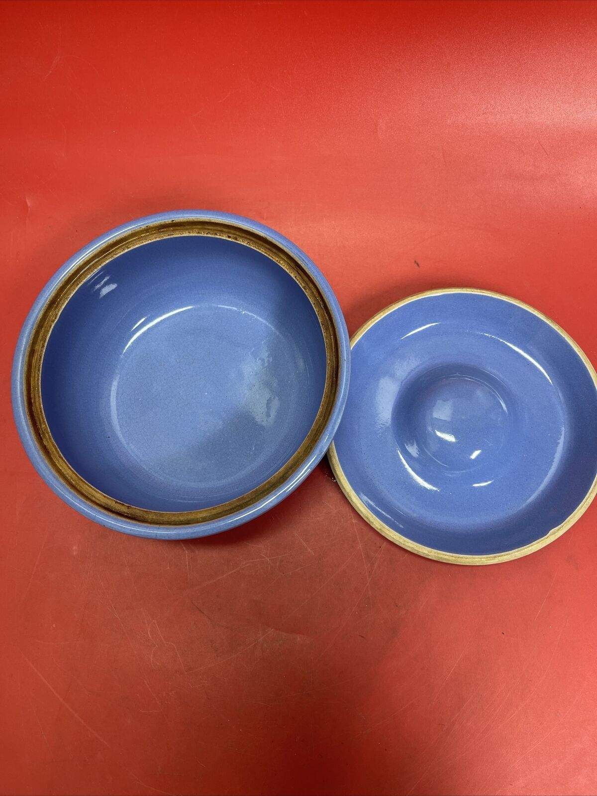 Vintage Blue Glazed Stoneware CASSEROLE + LID Serving Bowl Crock 8" Dia.