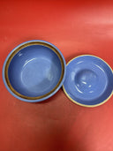 Vintage Blue Glazed Stoneware CASSEROLE + LID Serving Bowl Crock 8" Dia.