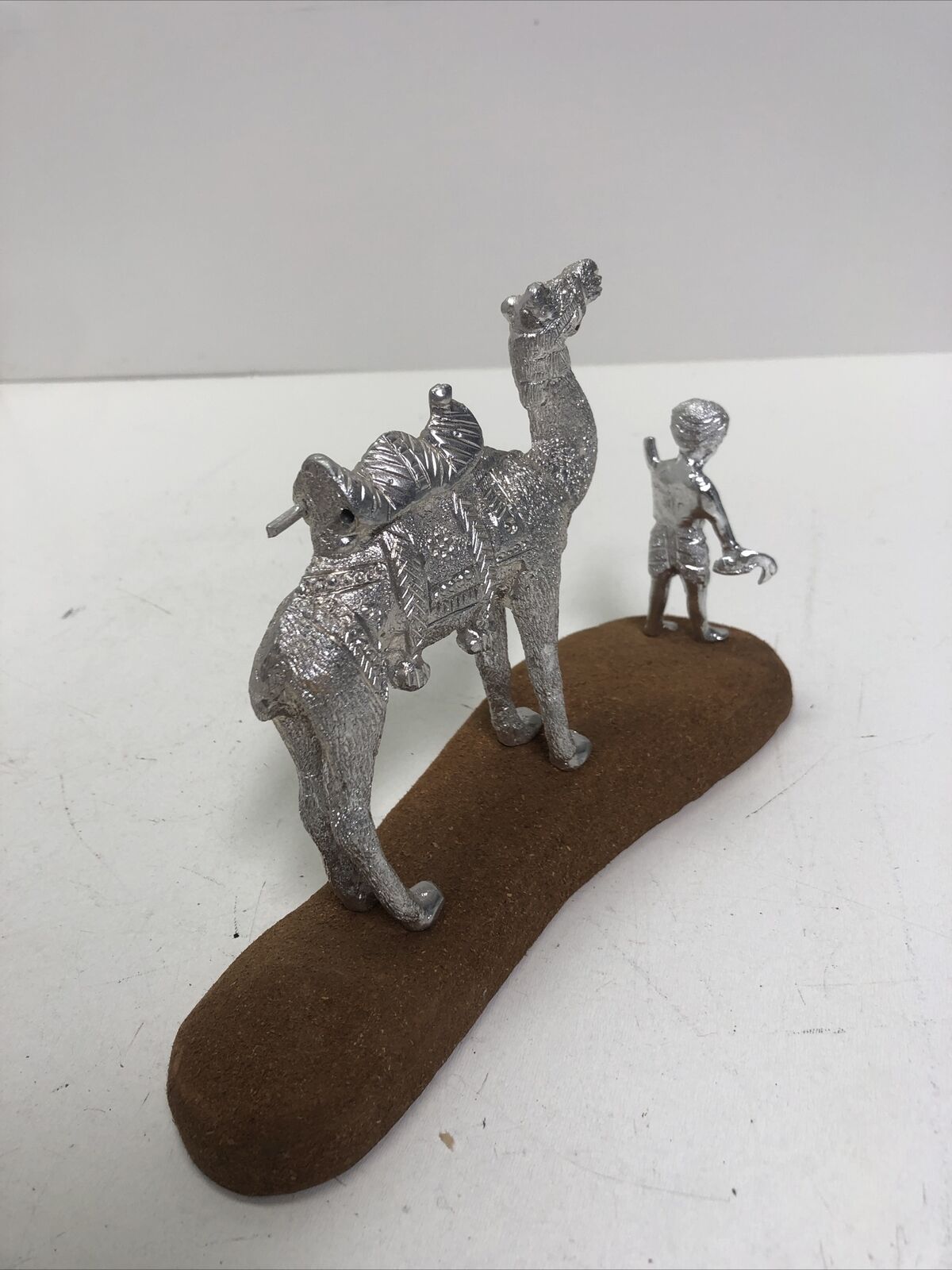 Vintage Set Silver Camel & Man Statue on Wood Stand Sculpture Figurine