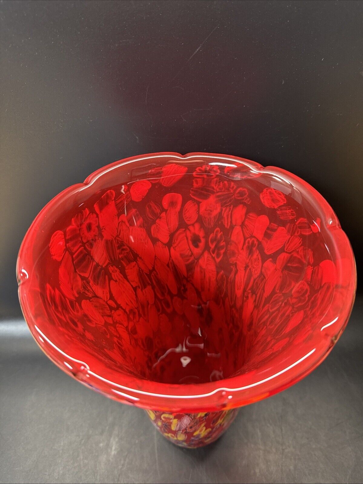Murano Vase Made In Italy Red Millefiori Hand Blown Glass Heavy Vase 11" Tall