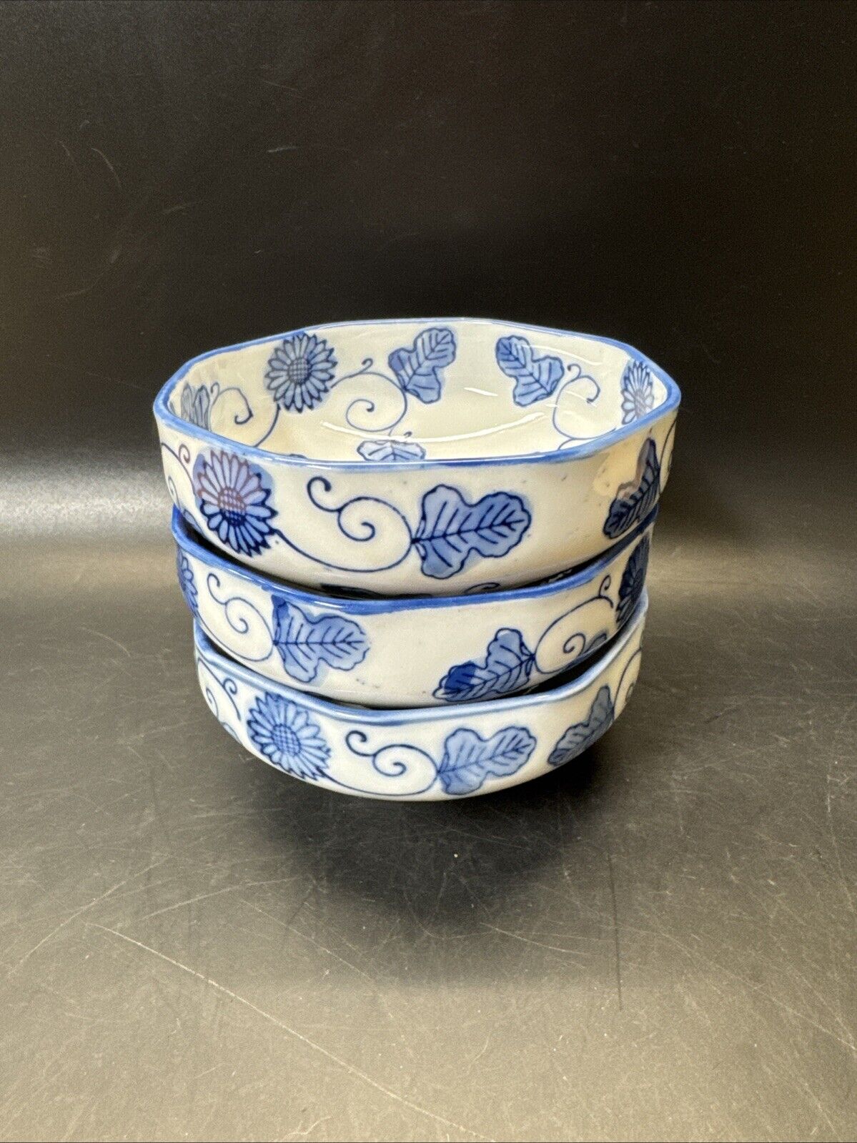 Vintage Otigiri Octagon OMC Japan China Blue White Leaf Rice Bowl/ Set Of 3