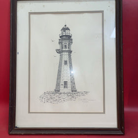 Vintage Pencil Drawing Nautical Lighthouse Art Signed