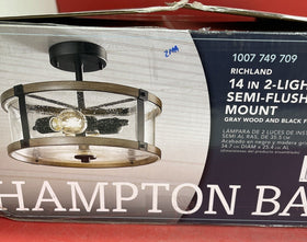 NEW Hampton Bay Richland 2-Light Grey Wood Semi Flush Mount Clear Seedy Glass