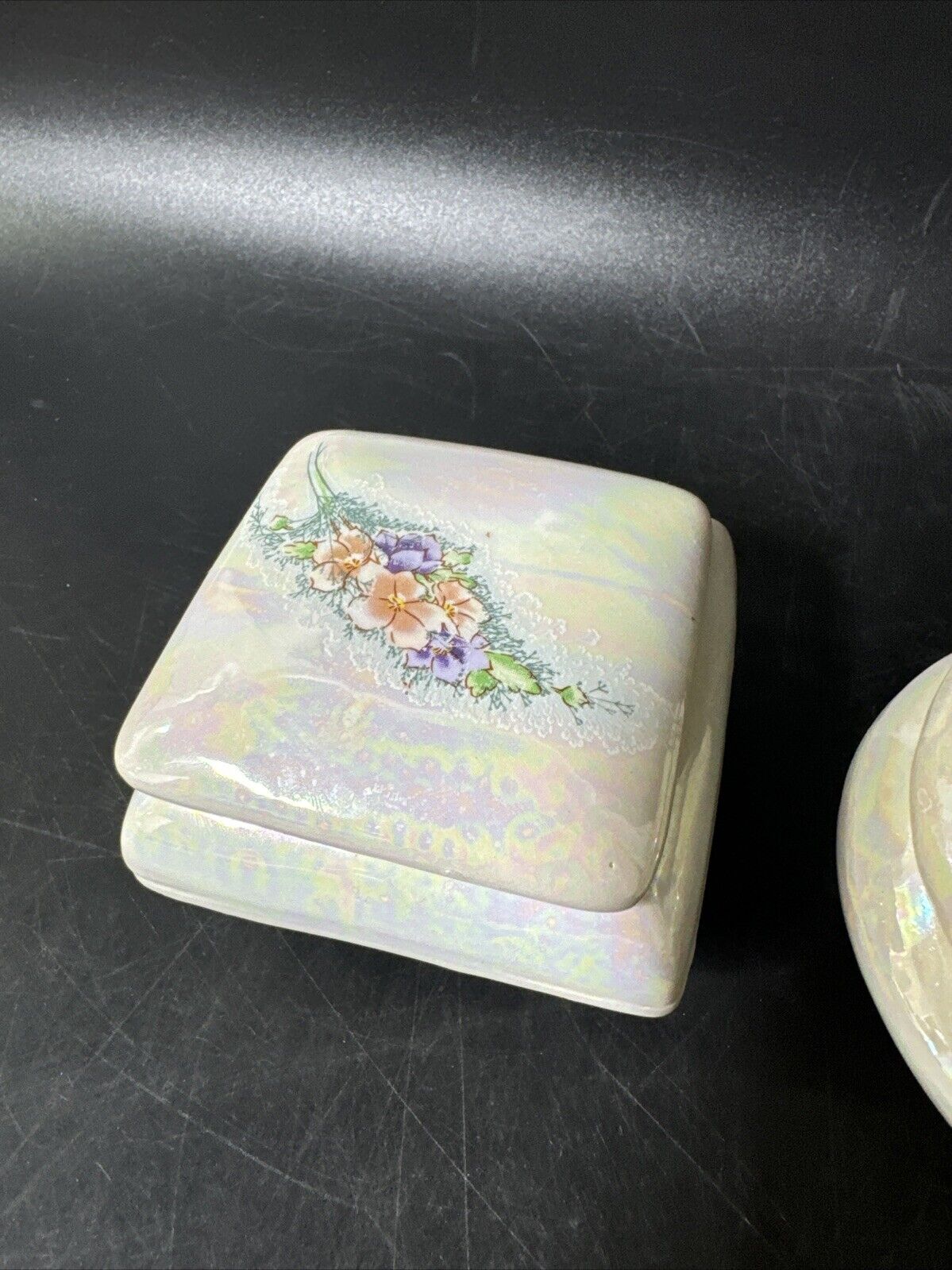 Vintage  Ceramic Flower Design Jewelry Trinket Box/Made in Taiwan, Lot Of 2