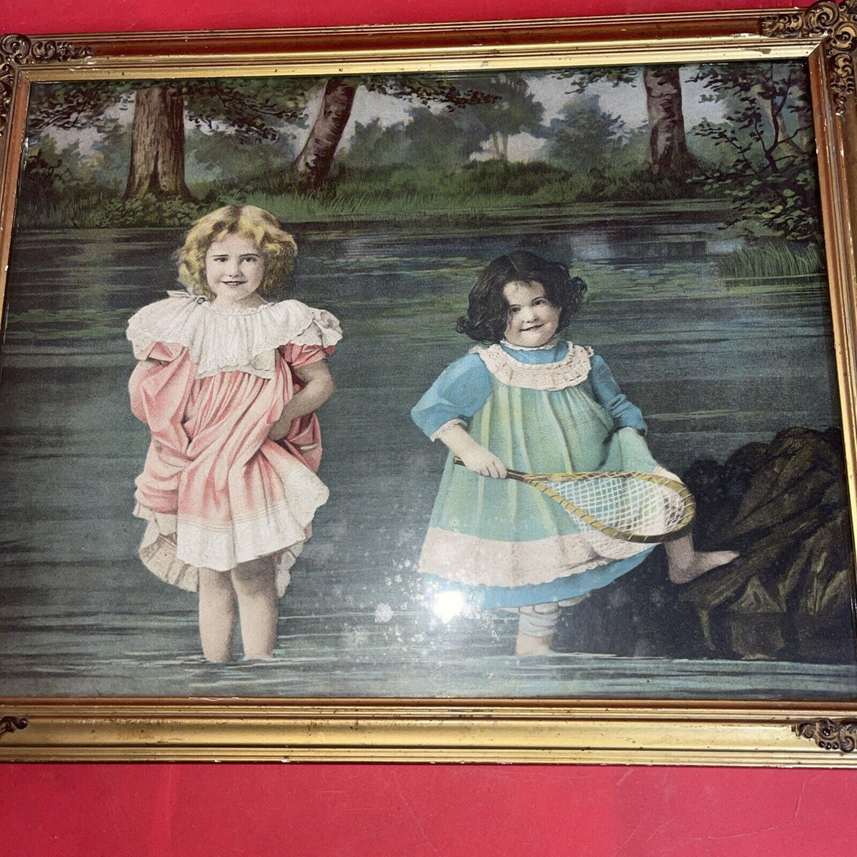 Antique framed lithograph "Children-Girls in the River"