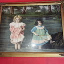 Antique framed lithograph "Children-Girls in the River"