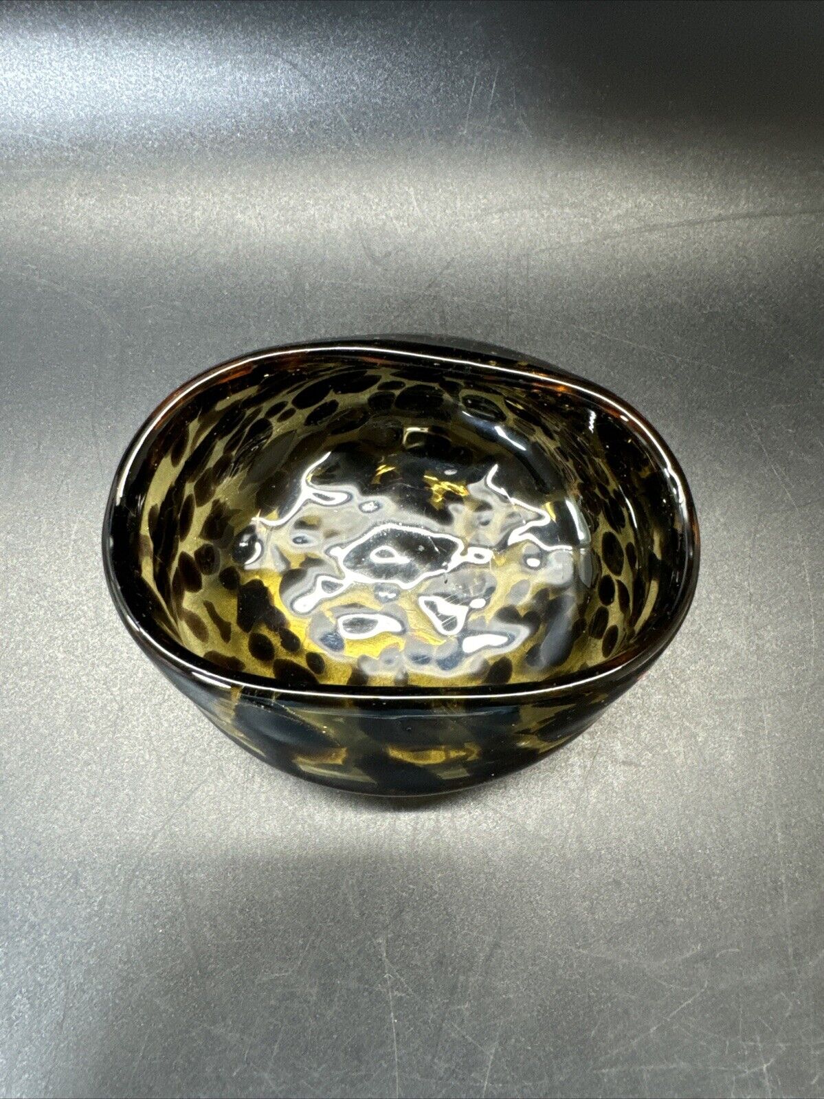 Vintage Hand Blown Amber Tortoise Shell Art Glass Bowl Oval With Folded Edge