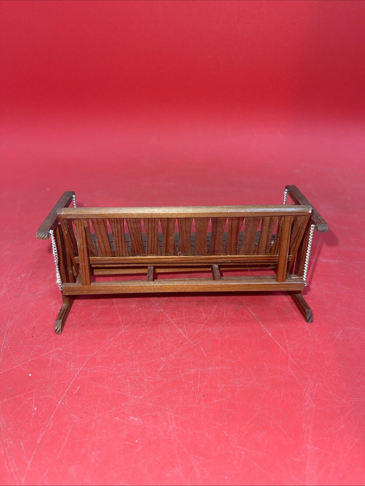 Vintage Miniature Dollhouse Brown Wood Porch Swing Bench Seat w/ Chains Armchair