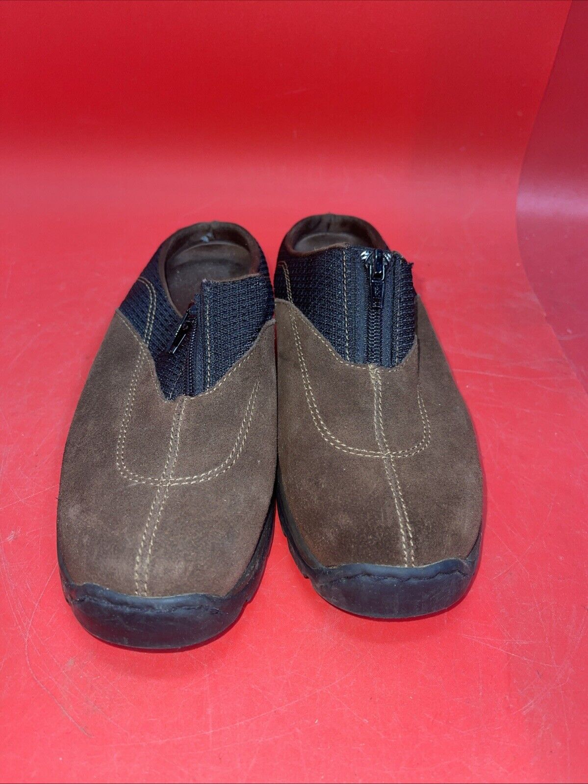 BASS Women's Slip on Suede Mules with Zipper  Size 7 Brown With Black Trim