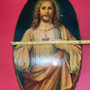 Vintage "Sacred Heart Of Jesus" Wood Slice Plaque 21”x12” With Bark Edge 1950s