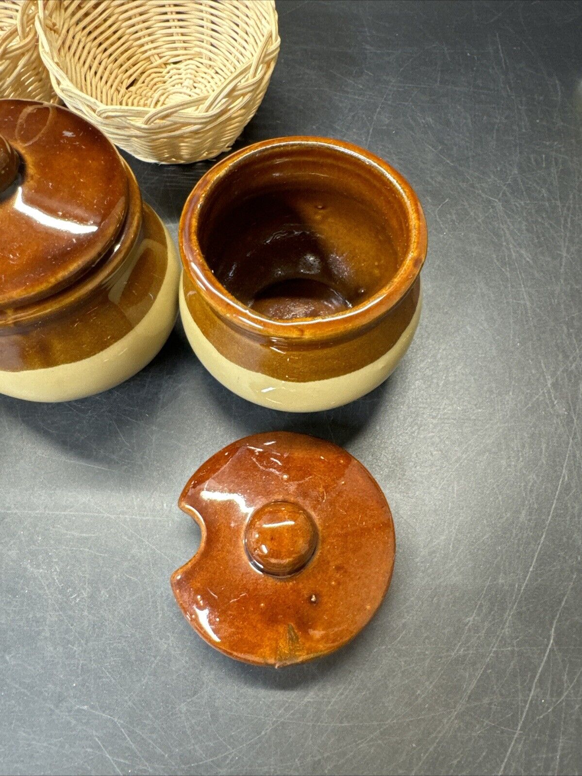 Vintage Rattan Condiment Caddy w/ 3 Stoneware Crocks