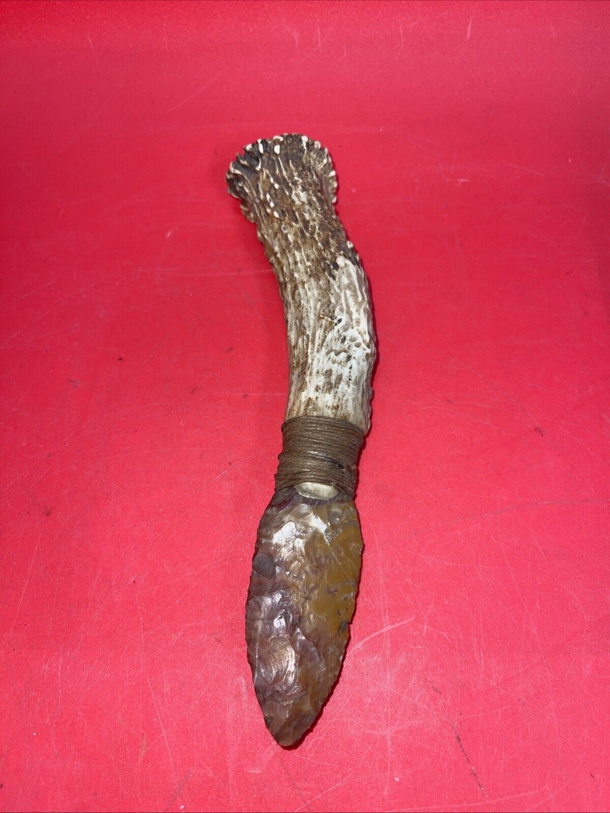 Antique Flint Knife with Deer Antler Handle,  Carving  Indian Face