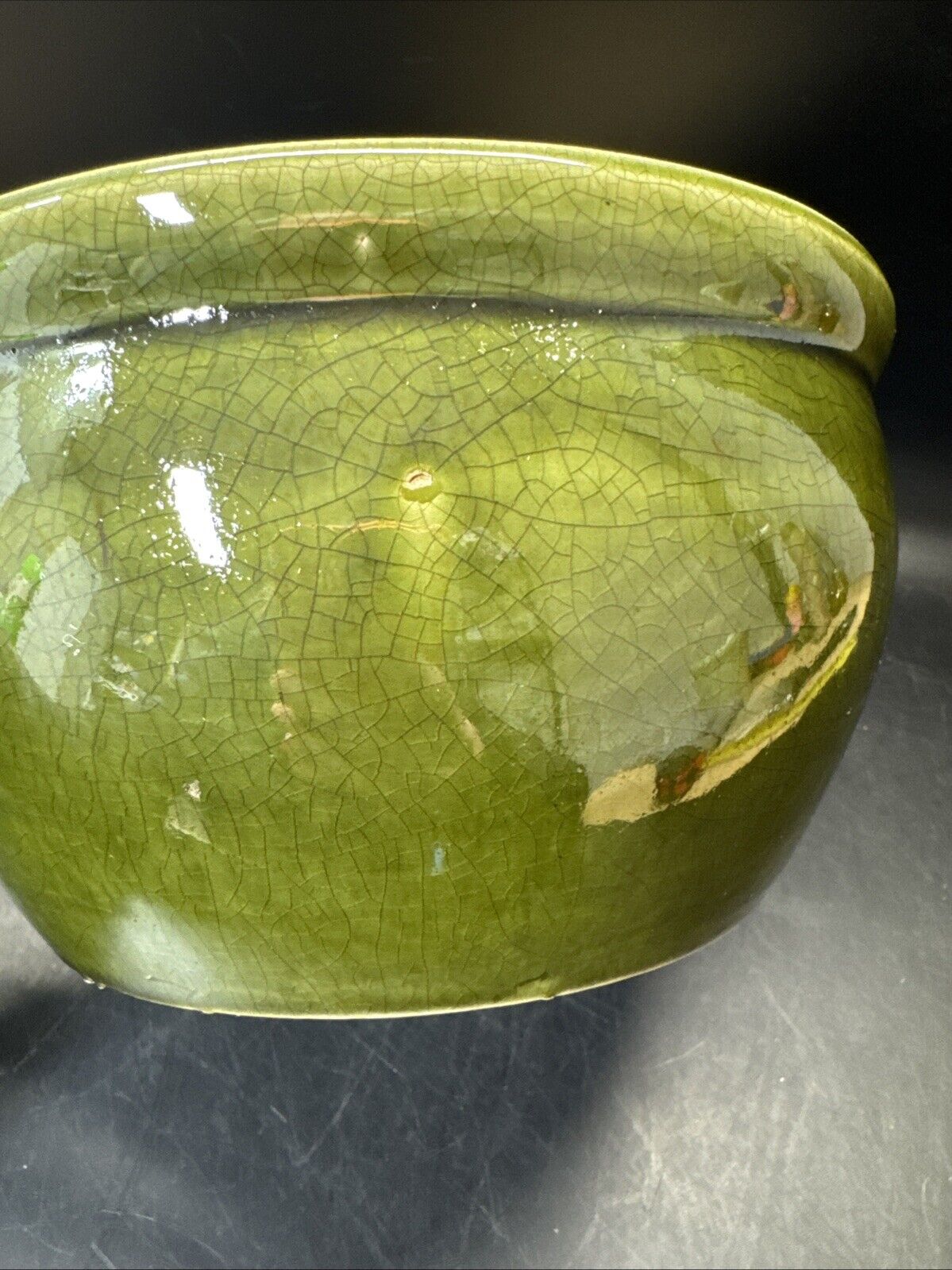 Art Pottery Green Glossy Bowl 4” Tall