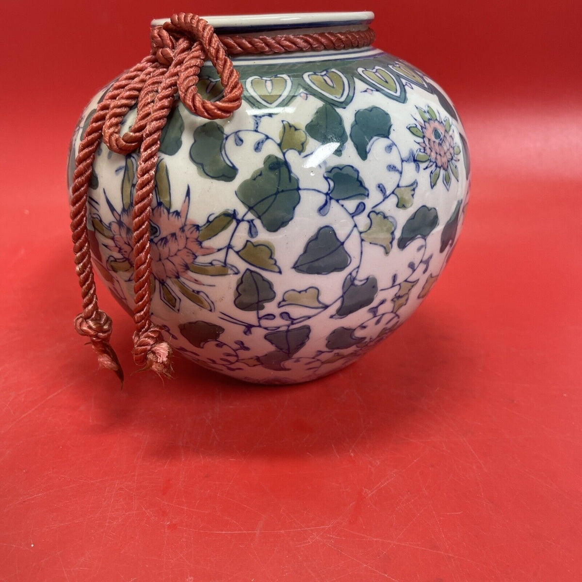 Hand Painted Ceramic Globe Chinese Vase Floral Pastel Blue Green Pink