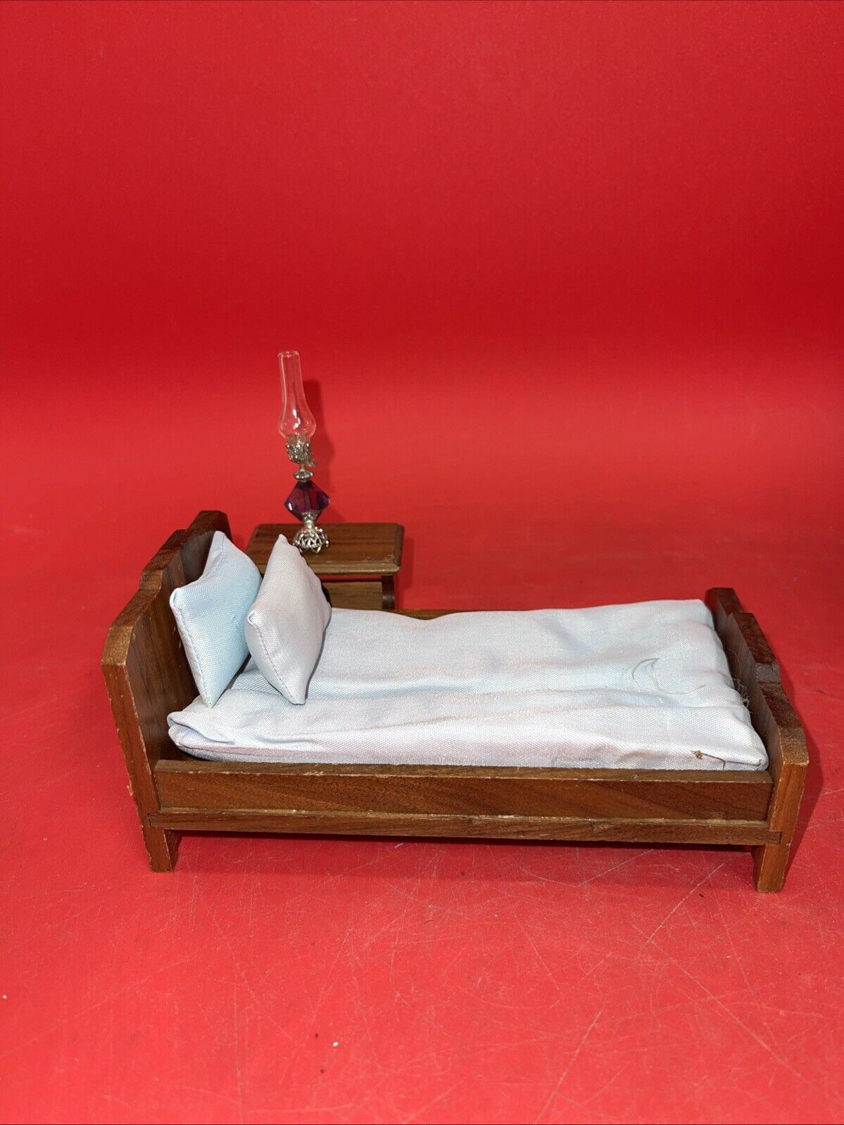 Vintage Strombecker Dollhouse Miniature Walnut Twin Bed & Bedside table