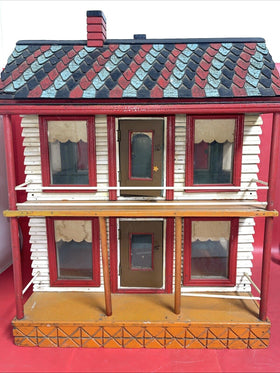 Vintage wooden dollhouse, two-story. Windows - red, removable roof