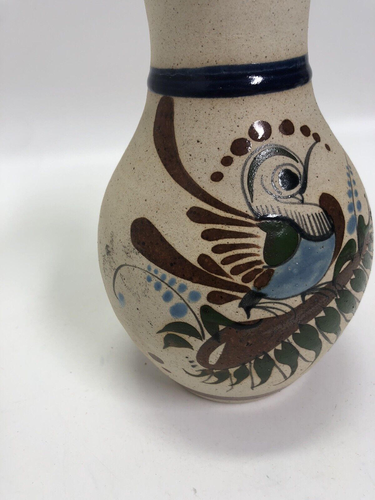 Vintage vase  Tonala Pottery Mexican Folk Art Bird Flowers Sand Stone Signed JC