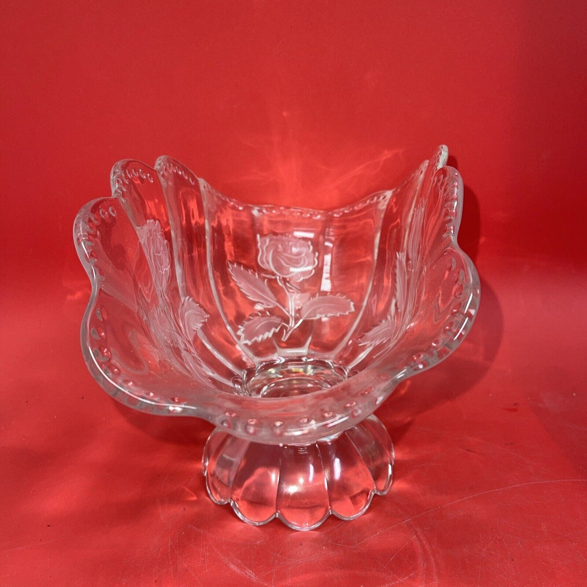 Vtg Imperlux Hand Cut Crystal Footed Centerpiece Bowl Emrossed Frosted Roses