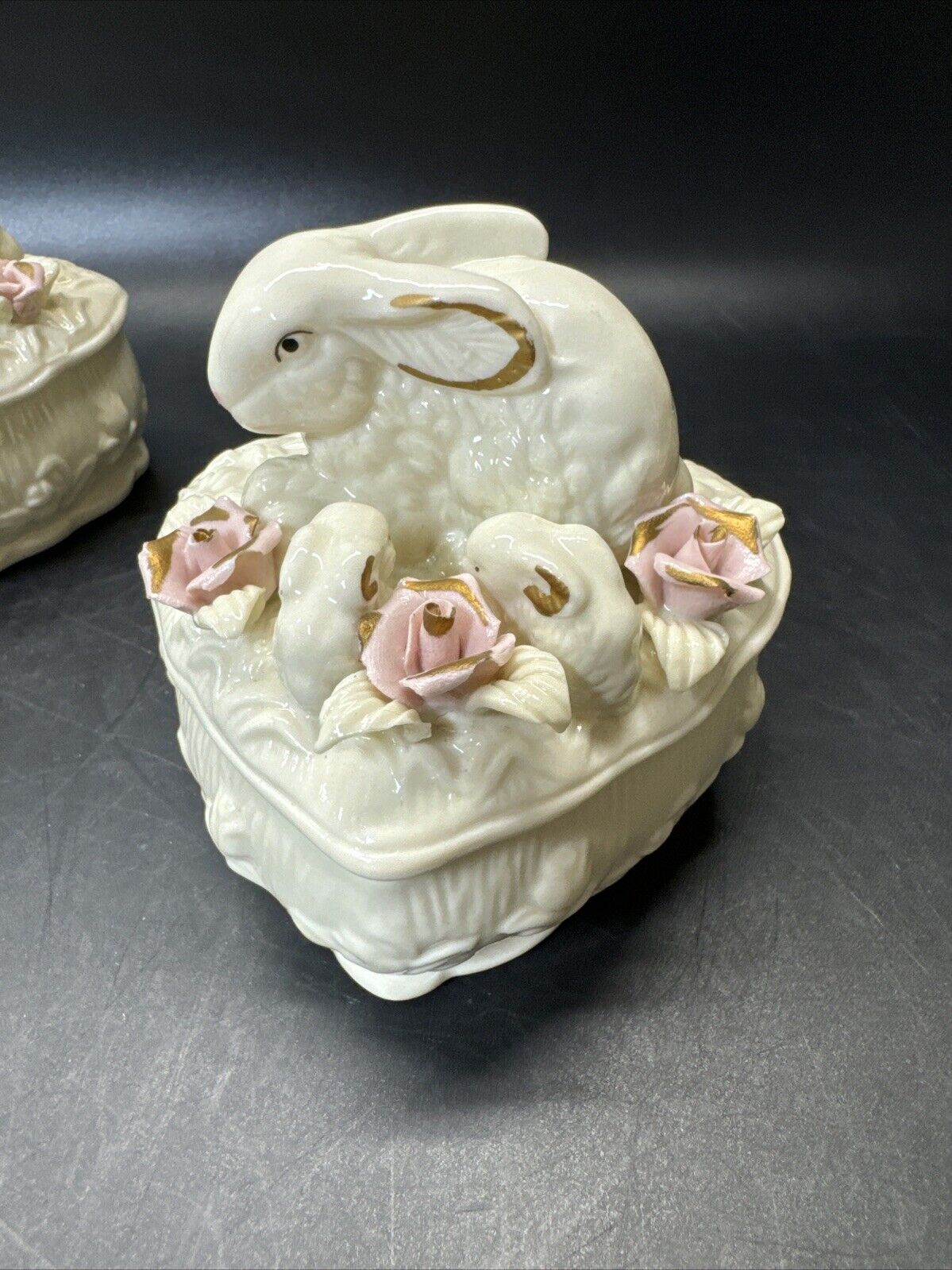 Heart Shape Trinket Box With Bunnies and Flowers/ Lot Of 2