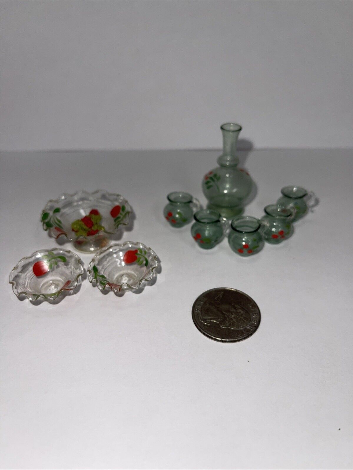 Antique Miniature Dollhouse Glass Bowl Lot 3 & US ZONE  Decanter & 5 Cups