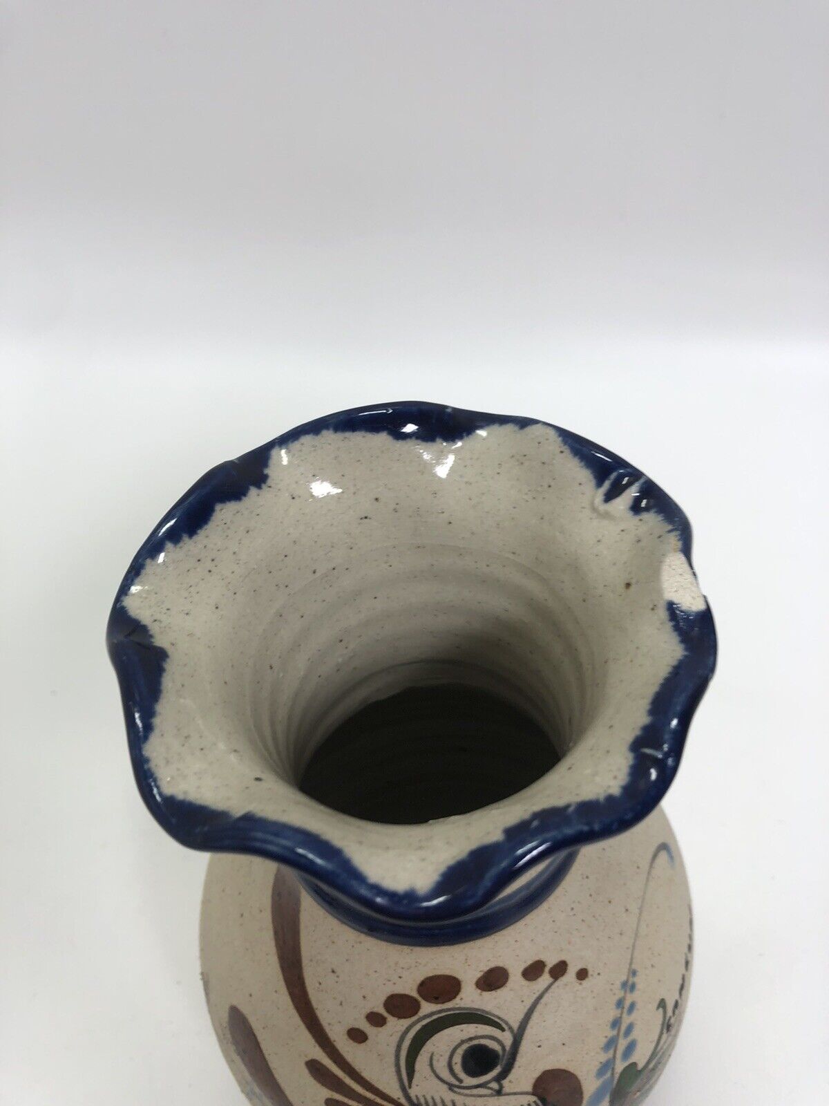 Vintage vase  Tonala Pottery Mexican Folk Art Bird Flowers Sand Stone Signed JC