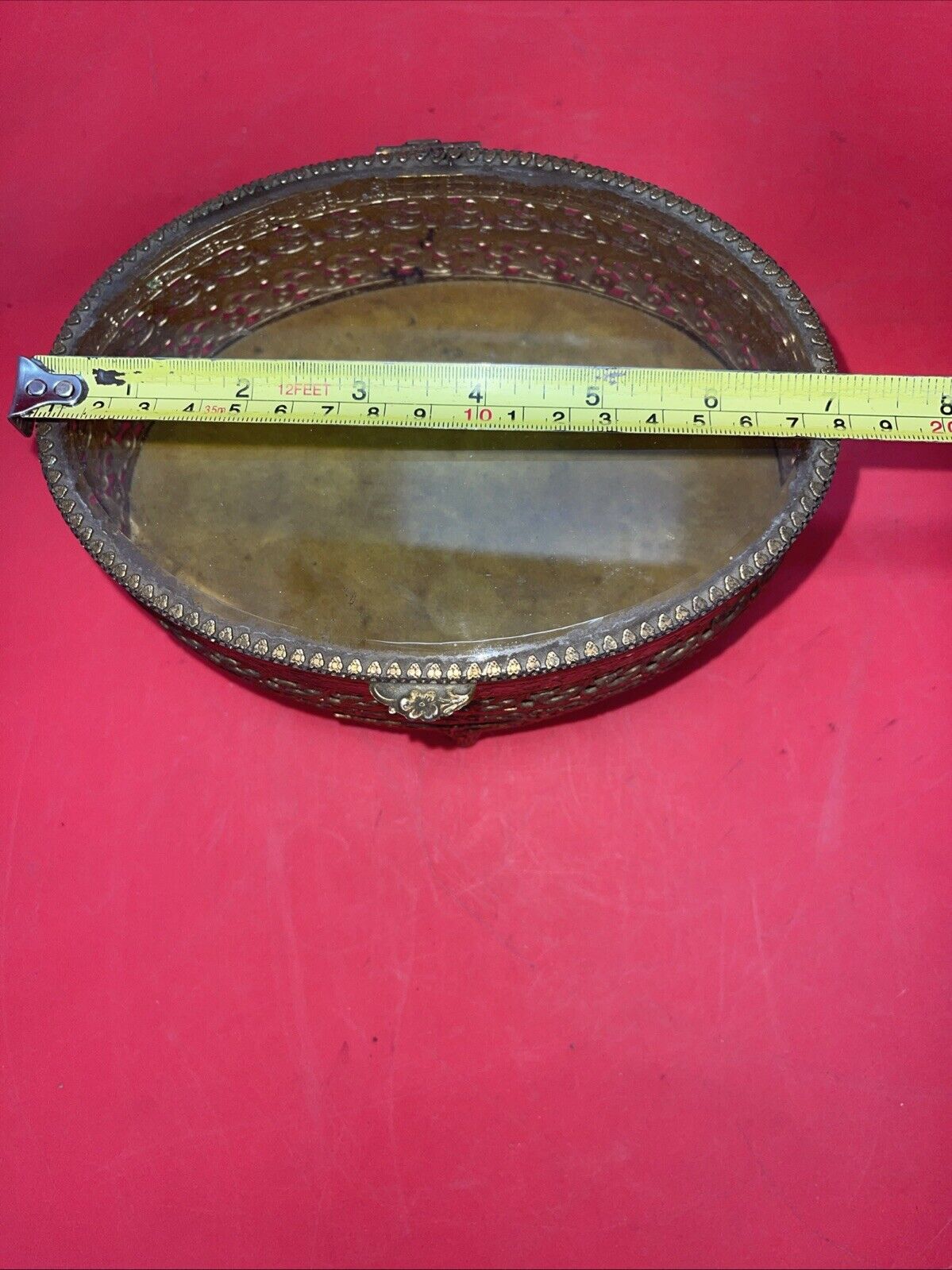 Vintage Gold Ormolu Oval Jewelry Casket Box Gold Velvet Beveled Glass Top 7”