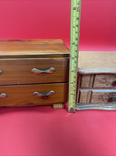 Lot of 2 Vintage Wooden Jewelry Boxes w/ Hinge Opening Mirrors Drawers