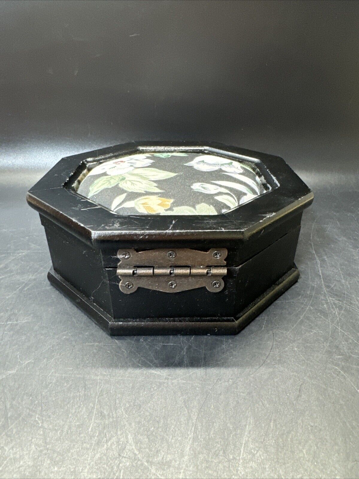 Vintage '91 Wood Jewelry Box Fabric covered Lid Props Open to show Mirror & Felt