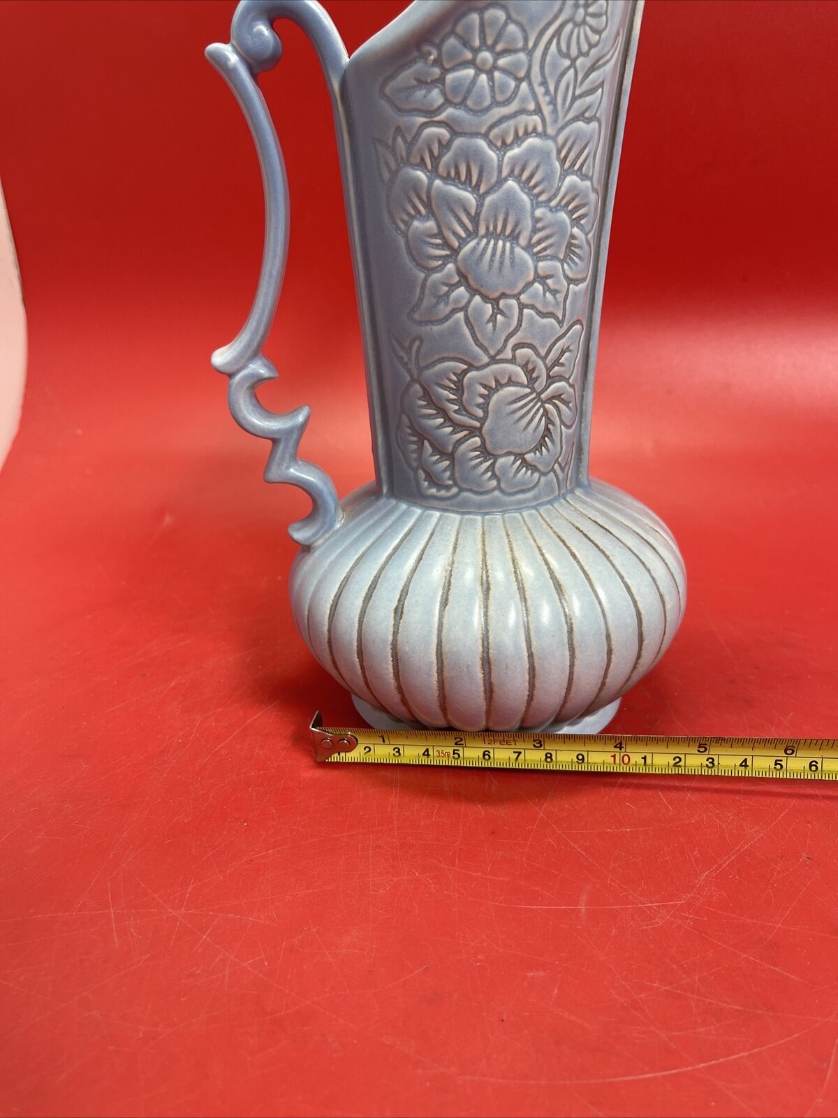 Vintage Red Wing Art Pottery 1943 Antique Blue Floral Pitcher 12"