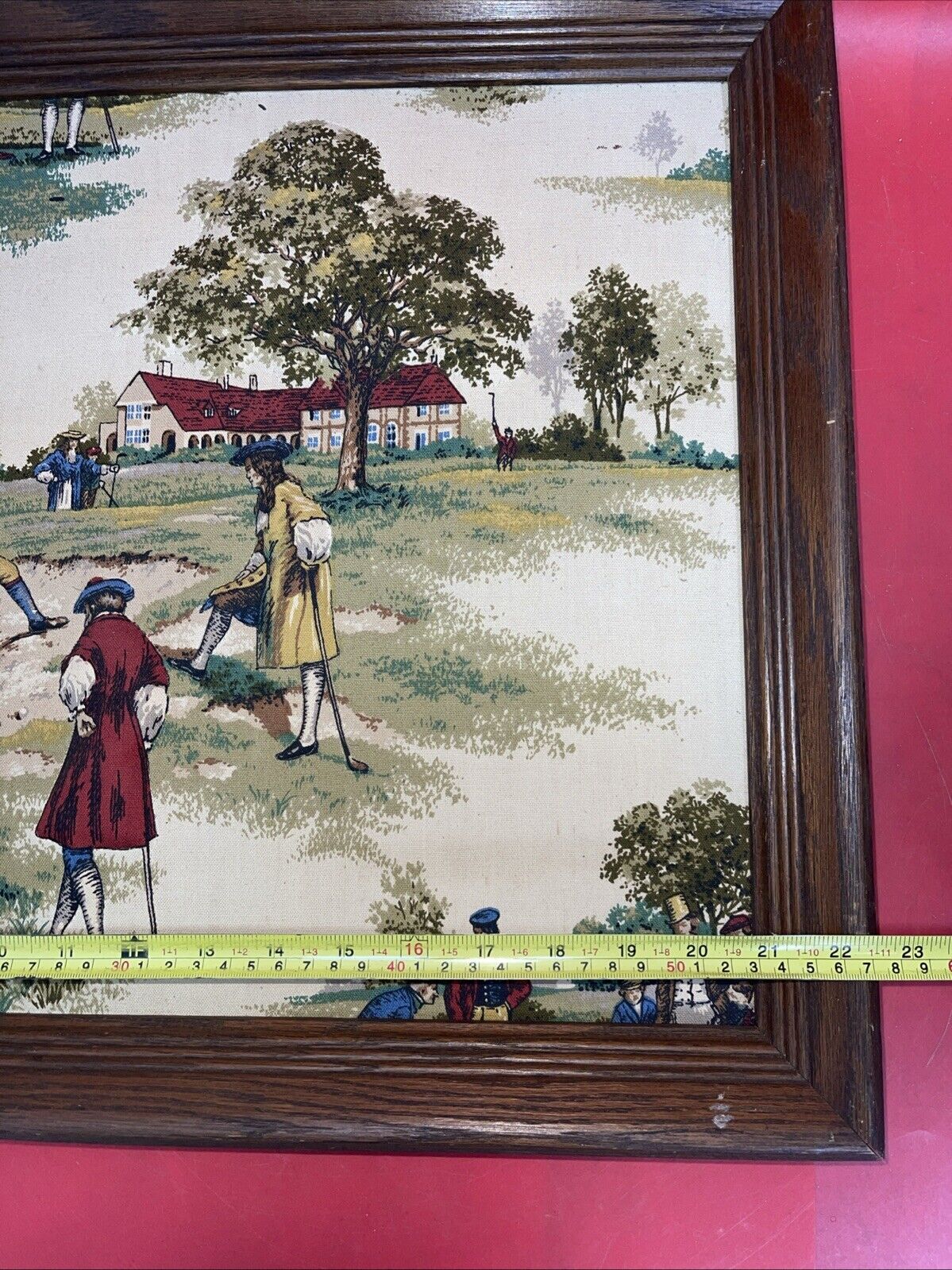 Framed sample of antique house and home textile, Golf in the Colonial Era