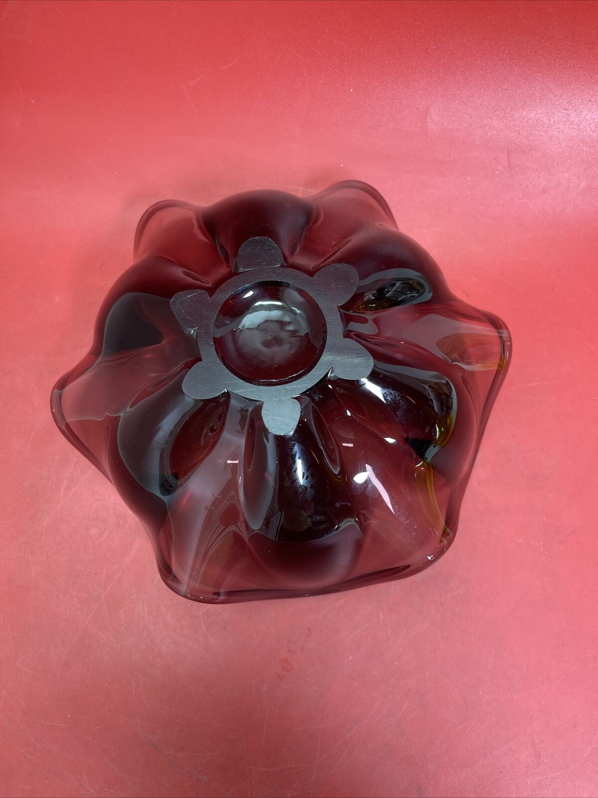 Mid century viking red glass bowl 9 x 3.5”