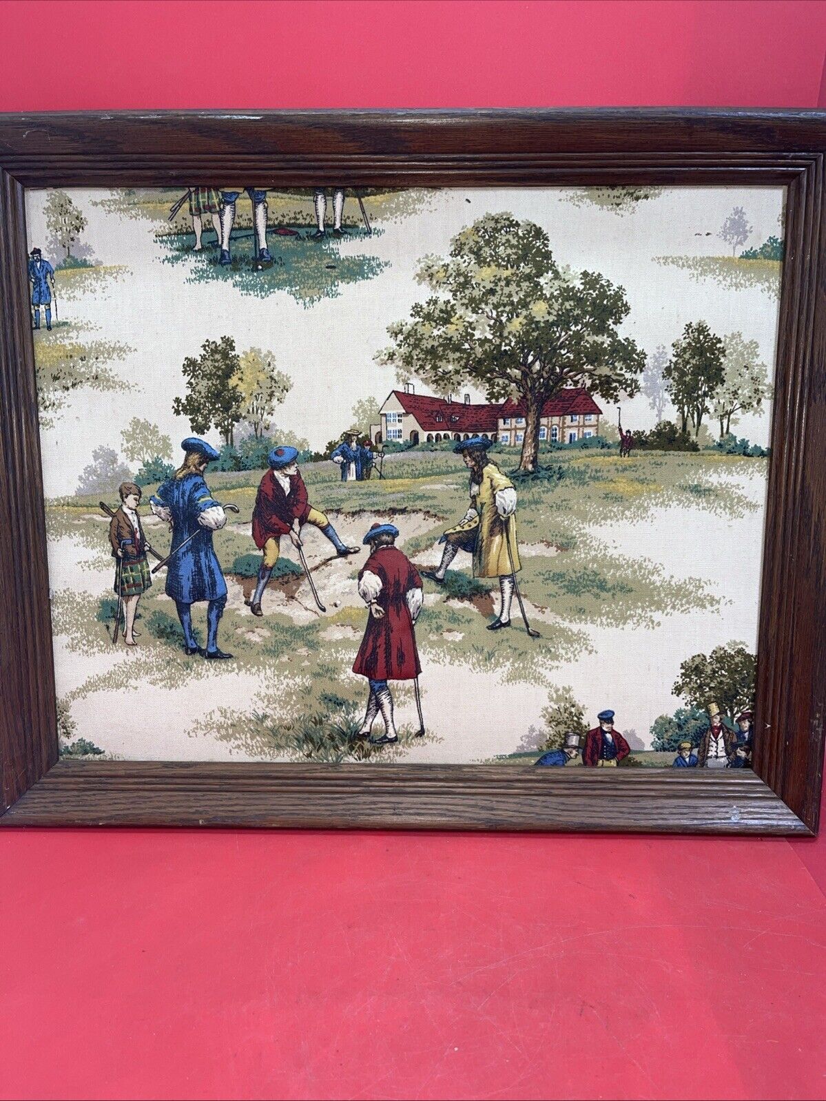 Framed sample of antique house and home textile, Golf in the Colonial Era