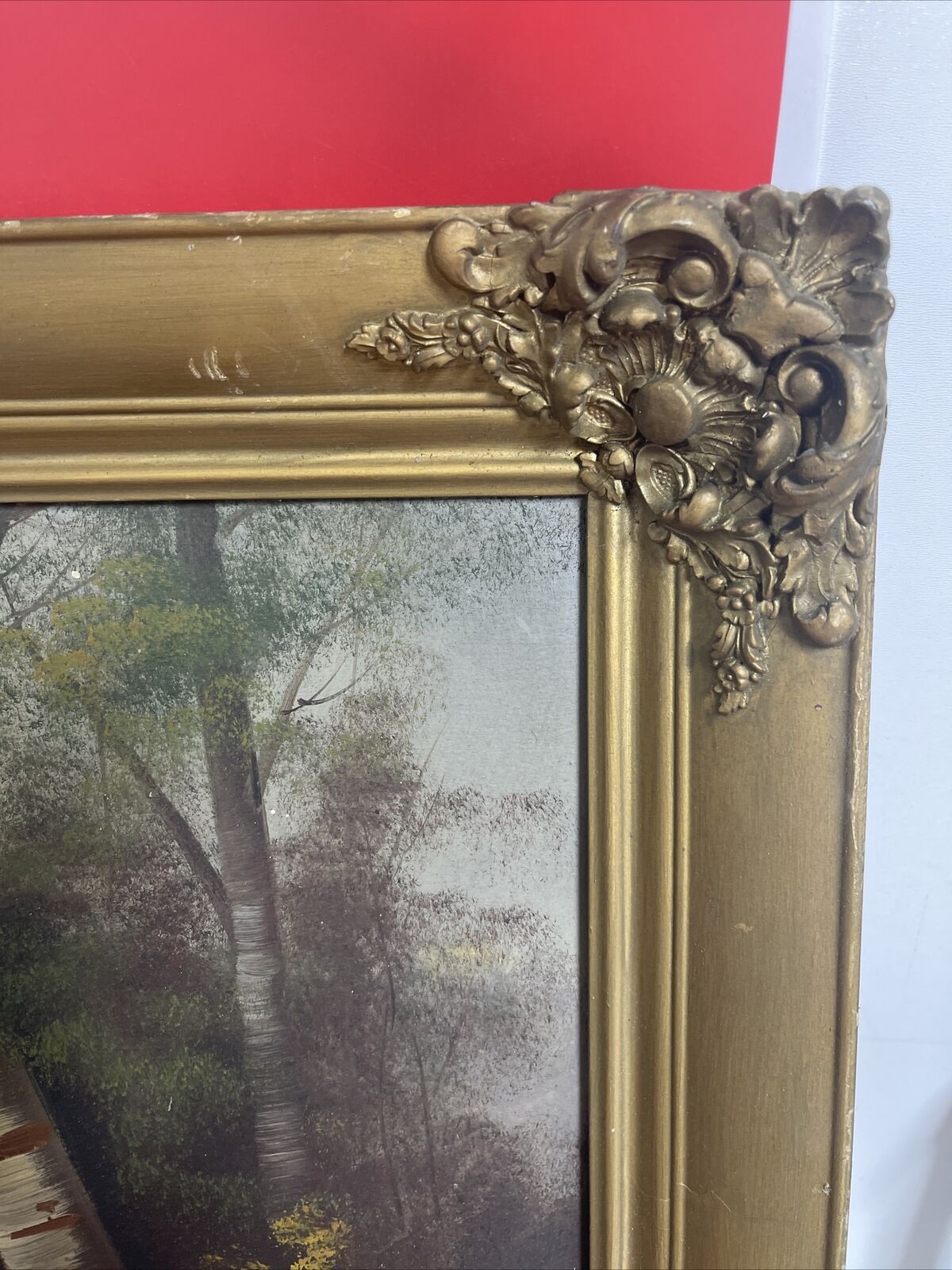 Antique Oil Painting on Cardboard Forest Landscape