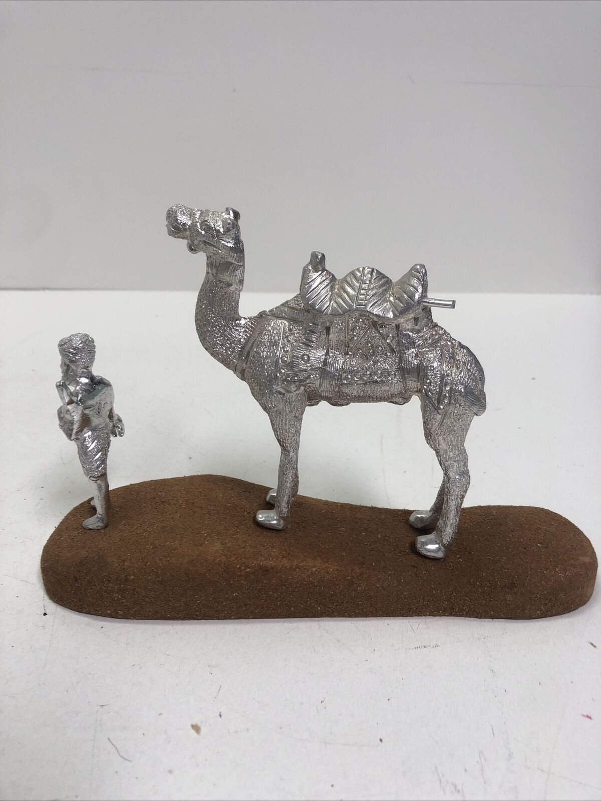 Vintage Set Silver Camel & Man Statue on Wood Stand Sculpture Figurine