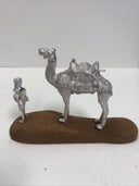 Vintage Set Silver Camel & Man Statue on Wood Stand Sculpture Figurine