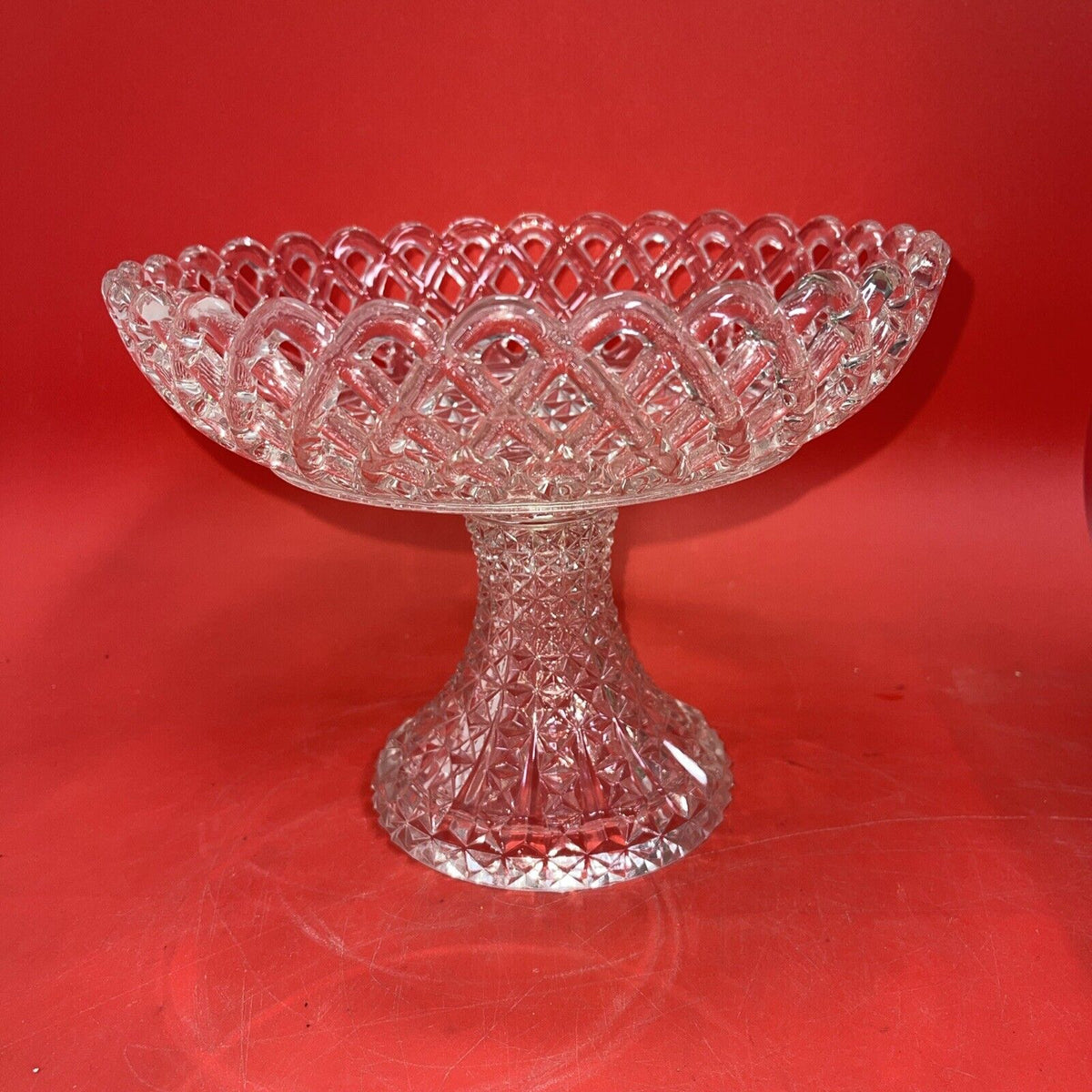 Imperial Glass Lace Edge Diamond Cut Base Pedestal Bowl