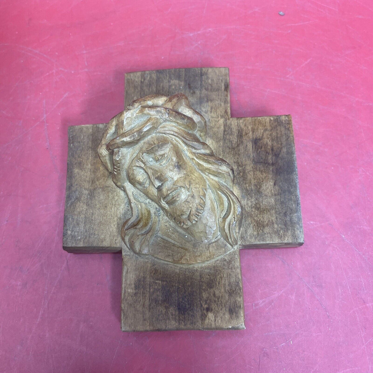 German Carved Wood Jesus' Head Crucifix, Oberammergau, A. Zwink, Holzbildhauerei