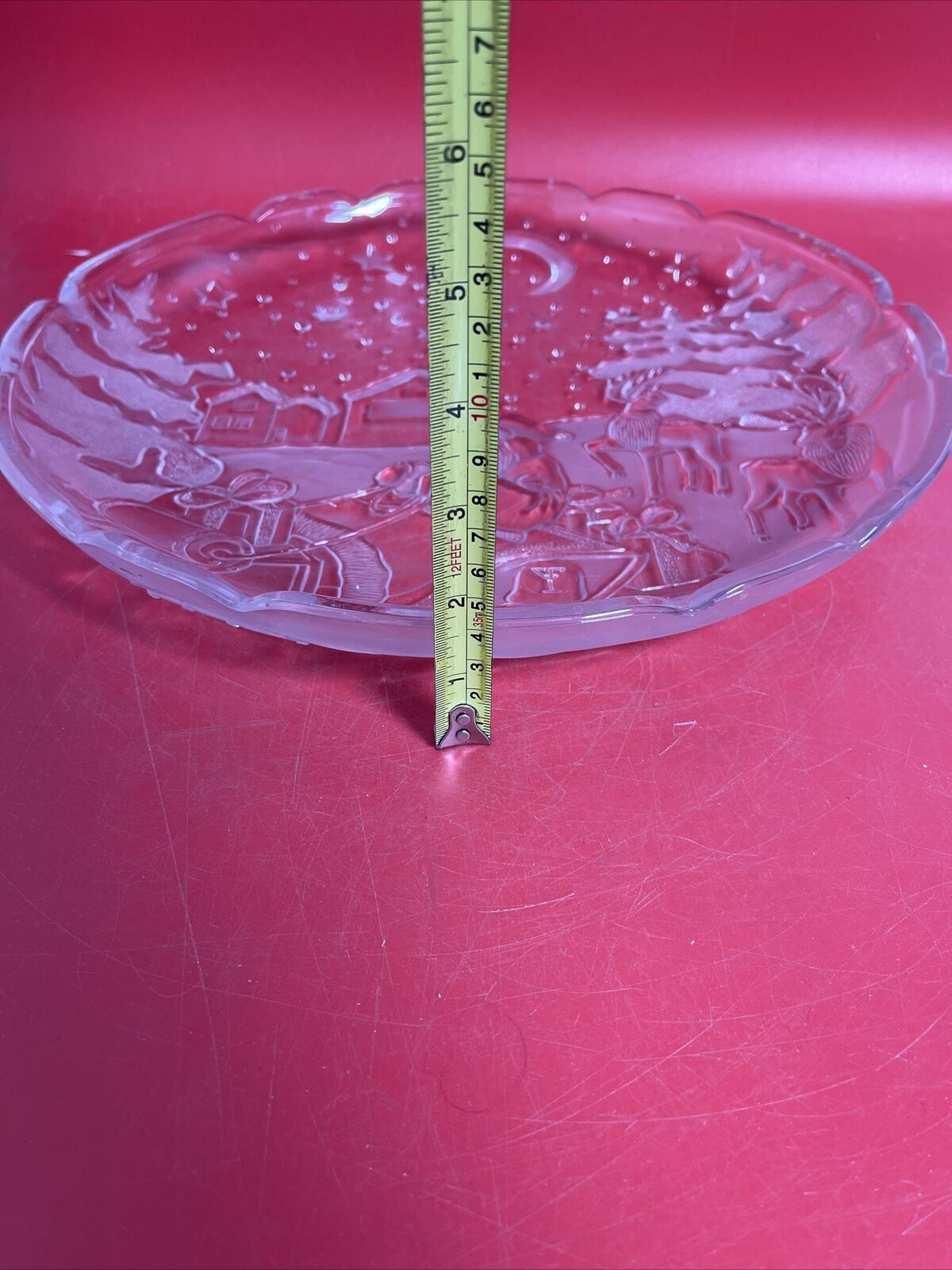 Vintage Crystal Clear Studios Serving Platter Embossed Santa Sleigh Dish 14"