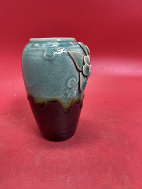 Vintage Handcrafted Ceramic 3 D Vase Aqua/Turquoise And Black W/ Raised Flowers